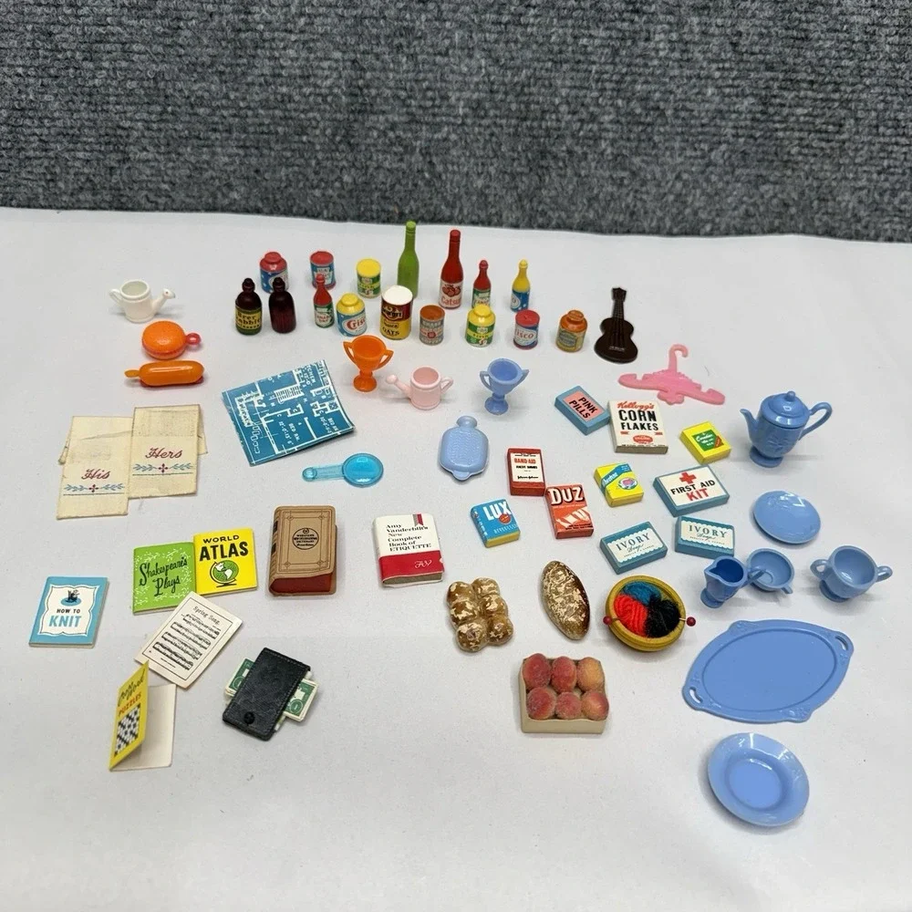 Vintage dollhouse lot miniature‎ kitchen food books his/her towels plates wallet